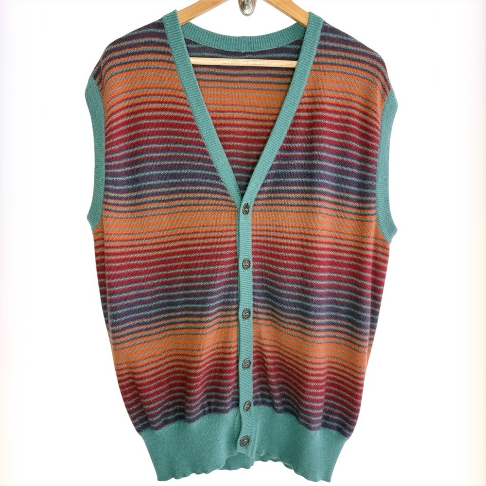 Mens Cashmere & Wool Blend Knit Vest Size Large Button Up Striped